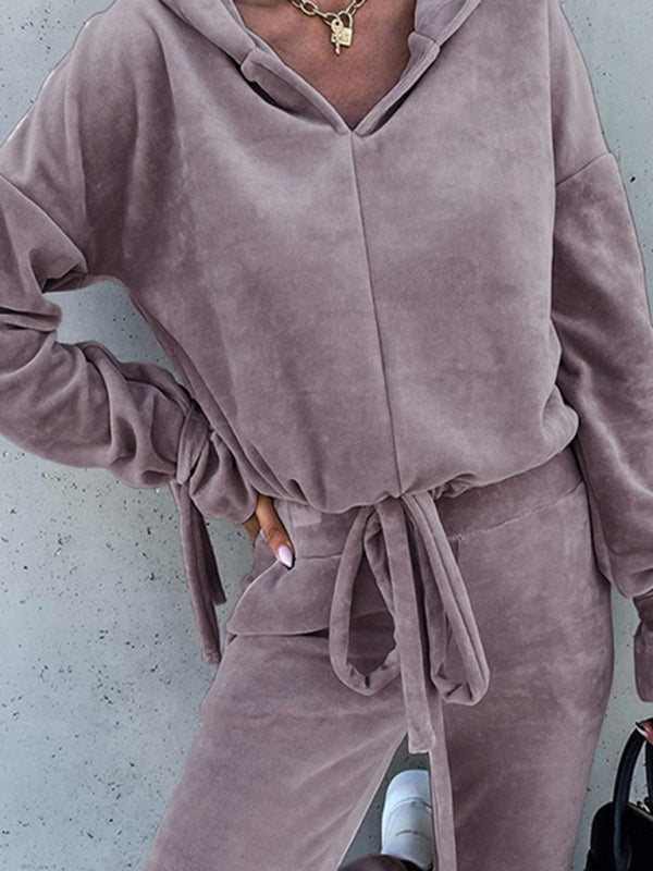 Pants Set- Velvet Set Hoodie Sweatshirt & Pencil Sweatpants- - Pekosa Women Clothing