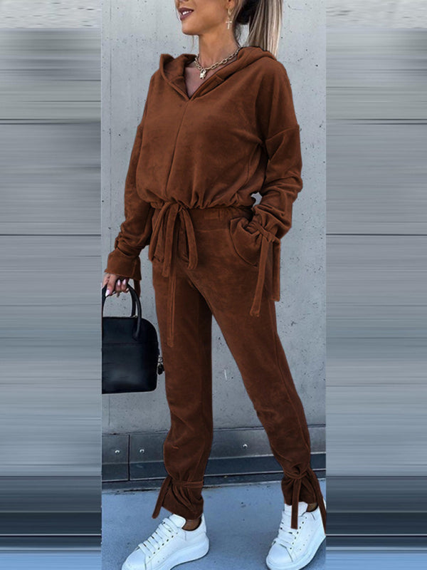 Pants Set- Velvet Set Hoodie Sweatshirt & Pencil Sweatpants- Brown- Pekosa Women Clothing