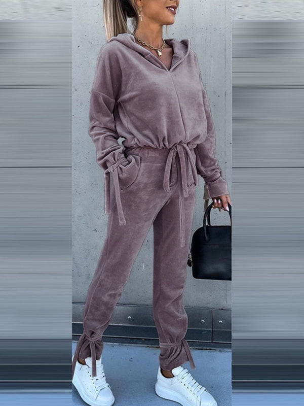 Pants Set- Velvet Set Hoodie Sweatshirt & Pencil Sweatpants- - Pekosa Women Clothing