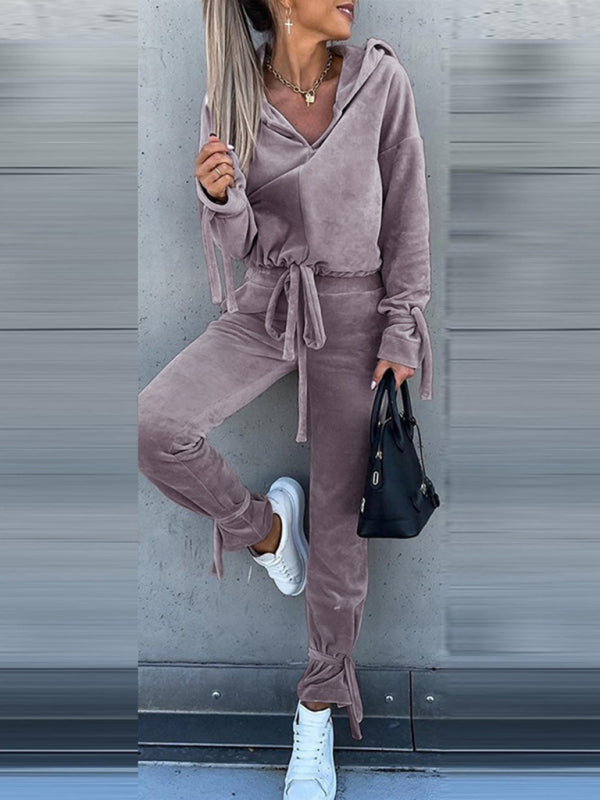 Pants Set- Velvet Set Hoodie Sweatshirt & Pencil Sweatpants- Grey- Pekosa Women Clothing