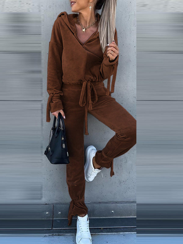 Pants Set- Velvet Set Hoodie Sweatshirt & Pencil Sweatpants- - Pekosa Women Clothing