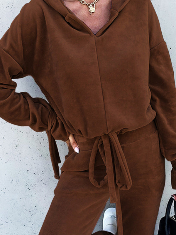 Pants Set- Velvet Set Hoodie Sweatshirt & Pencil Sweatpants- - Pekosa Women Clothing