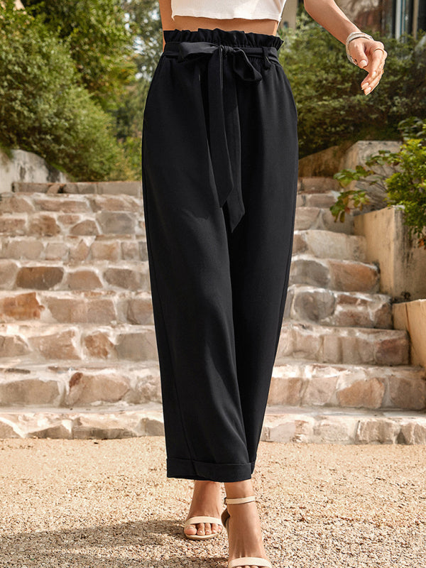 Pants- Straight-Leg Trousers with High Waist and Waist-Tie Belt - Pants- - Pekosa Women Clothing