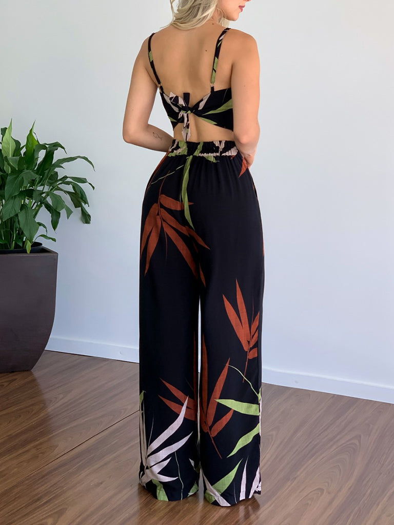 Pants and Top- Vacation Print Suit Wide-Leg Pants & Cami Knot Crop Top- - Pekosa Women Clothing