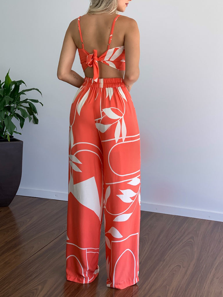 Pants and Top- Vacation Print Suit Wide-Leg Pants & Cami Knot Crop Top- - Pekosa Women Clothing