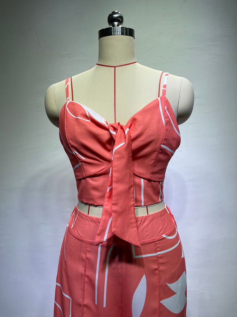 Pants and Top- Vacation Print Suit Wide-Leg Pants & Cami Knot Crop Top- - Pekosa Women Clothing