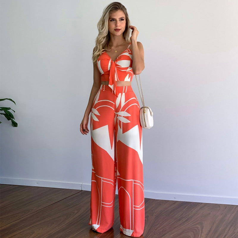 Pants and Top- Vacation Print Suit Wide-Leg Pants & Cami Knot Crop Top- Orange- Pekosa Women Clothing
