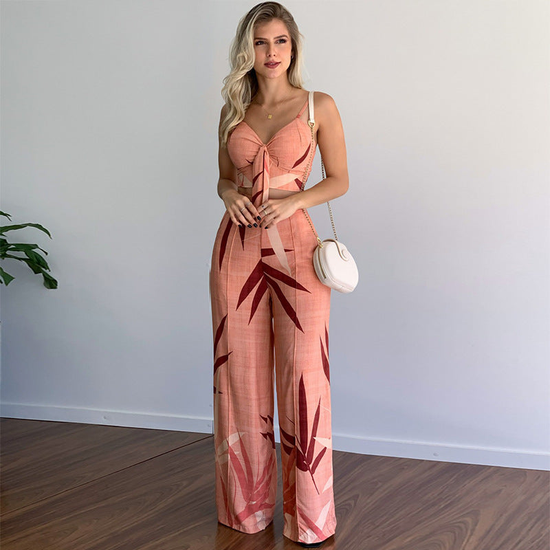 Pants and Top- Vacation Print Suit Wide-Leg Pants & Cami Knot Crop Top- Pink- Pekosa Women Clothing