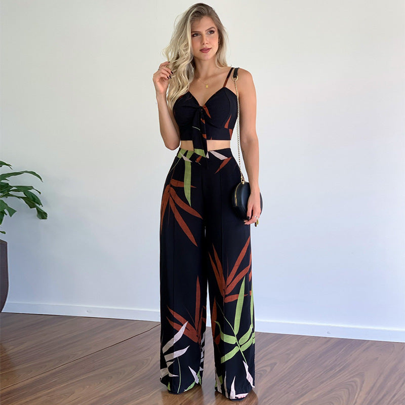Pants and Top- Vacation Print Suit Wide-Leg Pants & Cami Knot Crop Top- Black- Pekosa Women Clothing