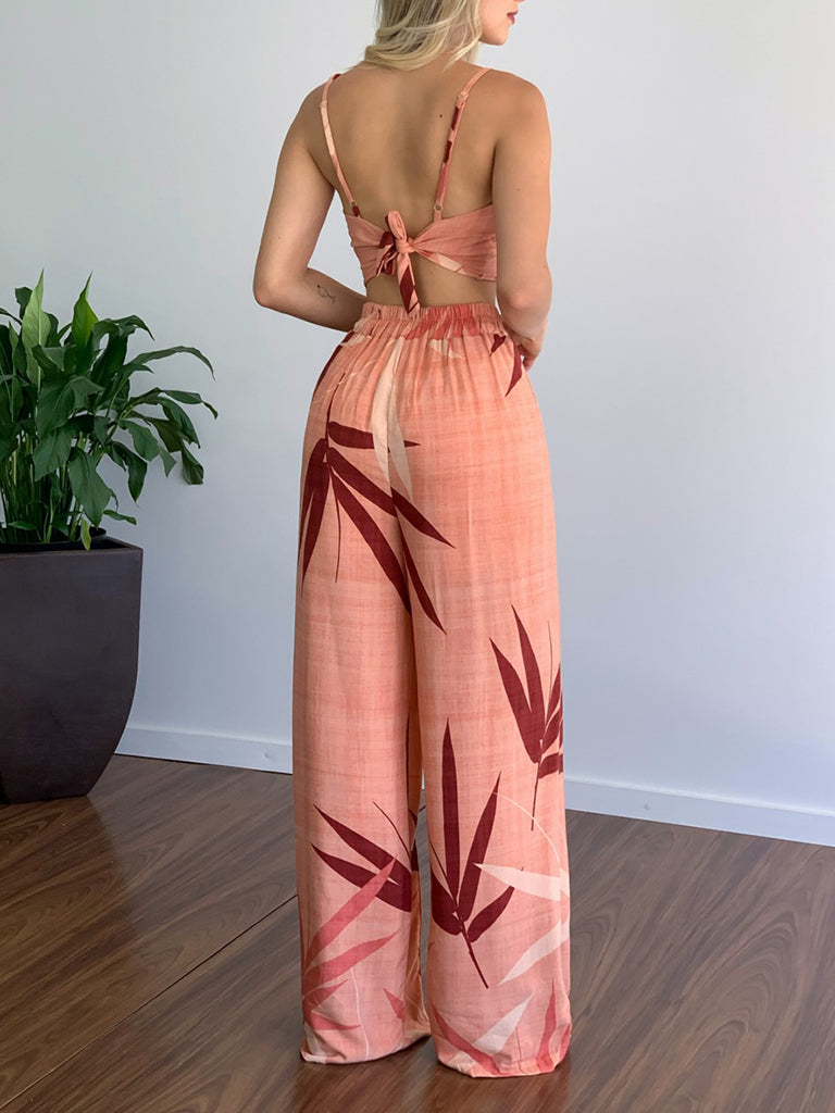 Pants and Top- Vacation Print Suit Wide-Leg Pants & Cami Knot Crop Top- - Pekosa Women Clothing