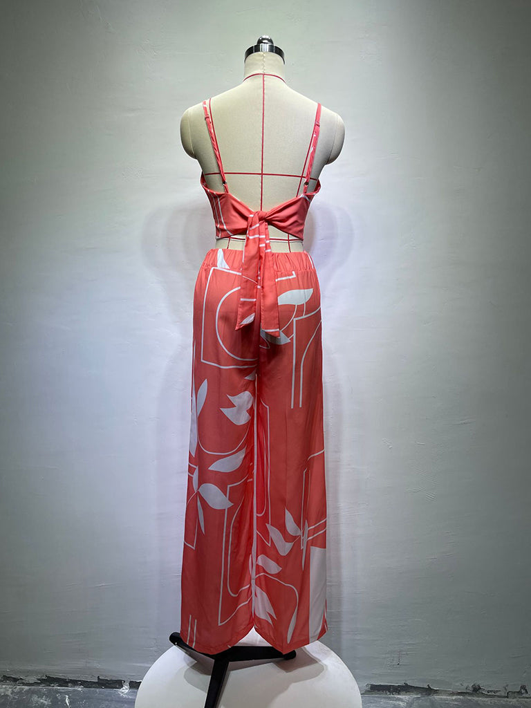 Pants and Top- Vacation Print Suit Wide-Leg Pants & Cami Knot Crop Top- - Pekosa Women Clothing