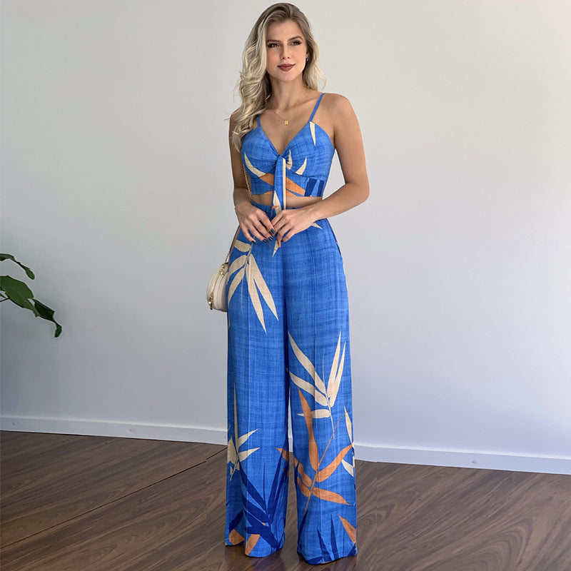 Pants and Top- Vacation Print Suit Wide-Leg Pants & Cami Knot Crop Top- Blue- Pekosa Women Clothing