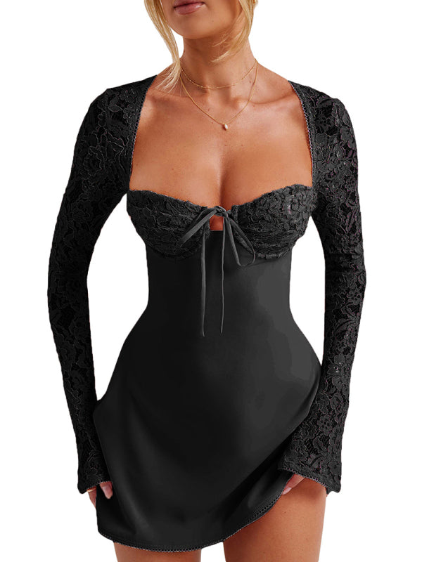 Party Dresses- Long Sleeve A-Line Sweetheart Mini Dress with Lace Accents- Black- Pekosa Women Clothing