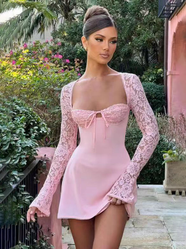 Party Dresses- Long Sleeve A-Line Sweetheart Mini Dress with Lace Accents- - Pekosa Women Clothing