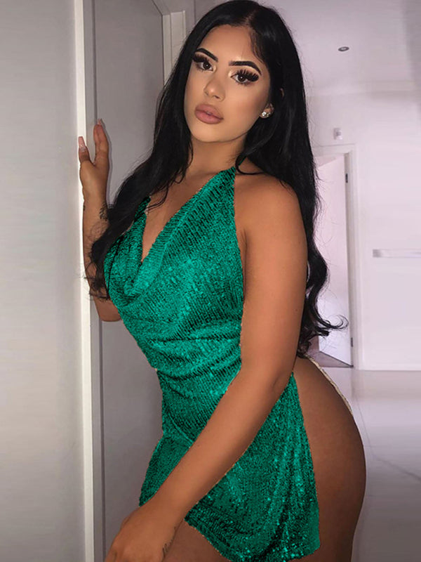 Party Dresses- Sequined Backless Cowl Halter Glitter Slit Mini Dress- Green- Pekosa Women Clothing