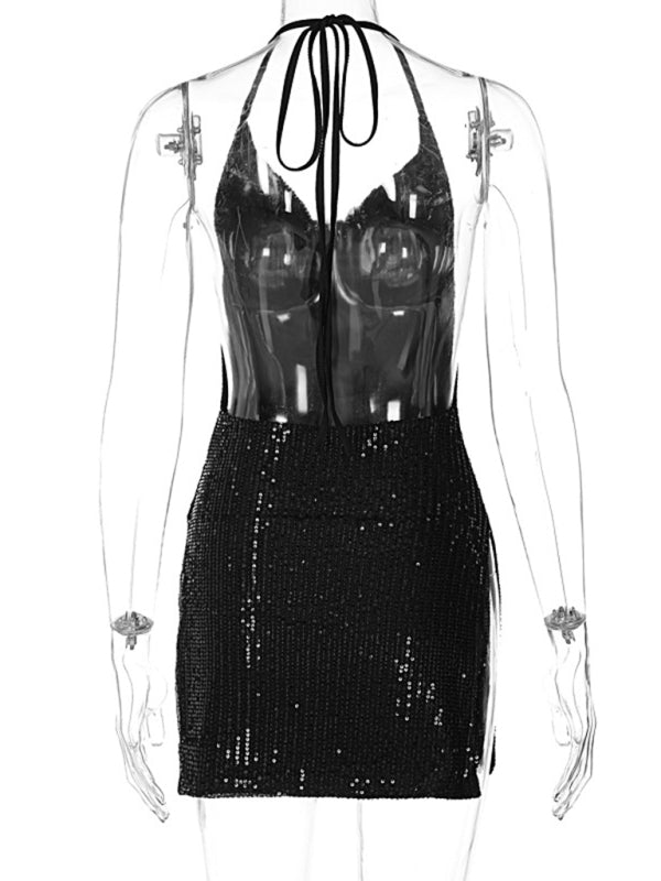 Party Dresses- Sequined Backless Cowl Halter Glitter Slit Mini Dress- - Pekosa Women Clothing