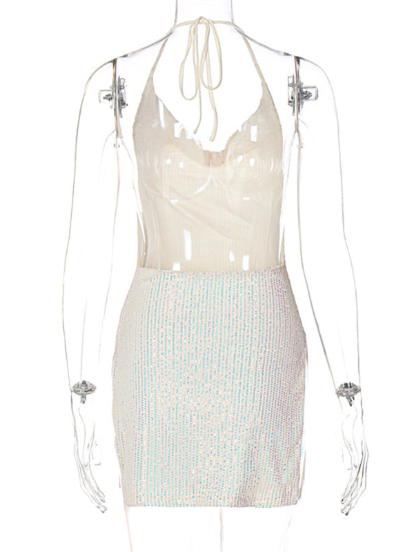 Party Dresses- Sequined Backless Cowl Halter Glitter Slit Mini Dress- - Pekosa Women Clothing