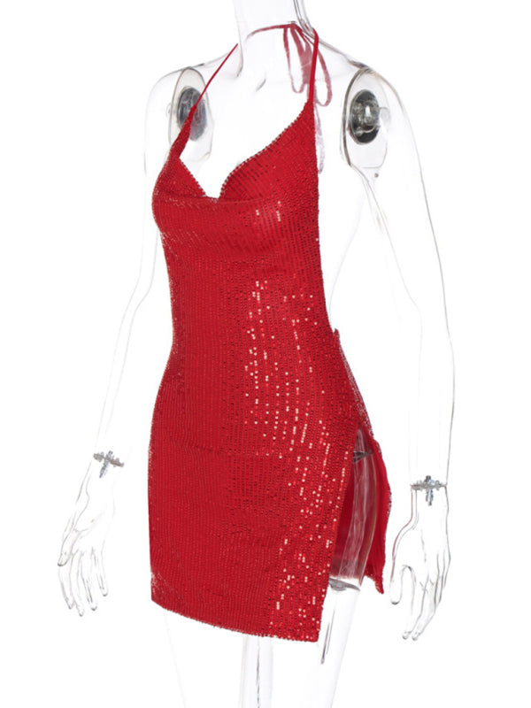 Party Dresses- Sequined Backless Cowl Halter Glitter Slit Mini Dress- - Pekosa Women Clothing