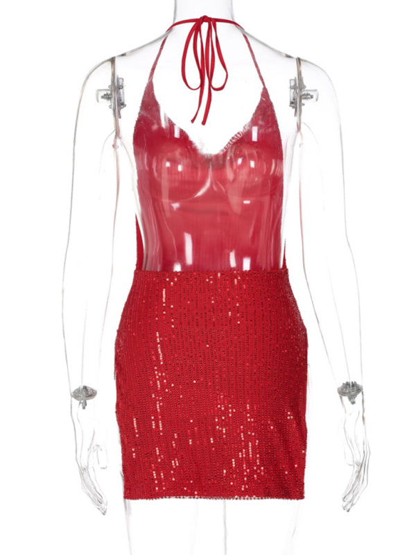 Party Dresses- Sequined Backless Cowl Halter Glitter Slit Mini Dress- - Pekosa Women Clothing