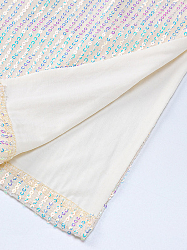 Party Dresses- Sequined Backless Cowl Halter Glitter Slit Mini Dress- - Pekosa Women Clothing