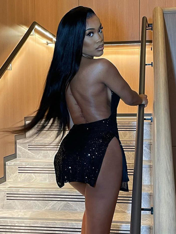 Party Dresses- Sequined Backless Cowl Halter Glitter Slit Mini Dress- - Pekosa Women Clothing