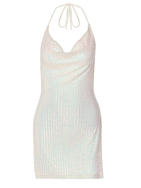 Party Dresses- Sequined Backless Cowl Halter Glitter Slit Mini Dress- - Pekosa Women Clothing