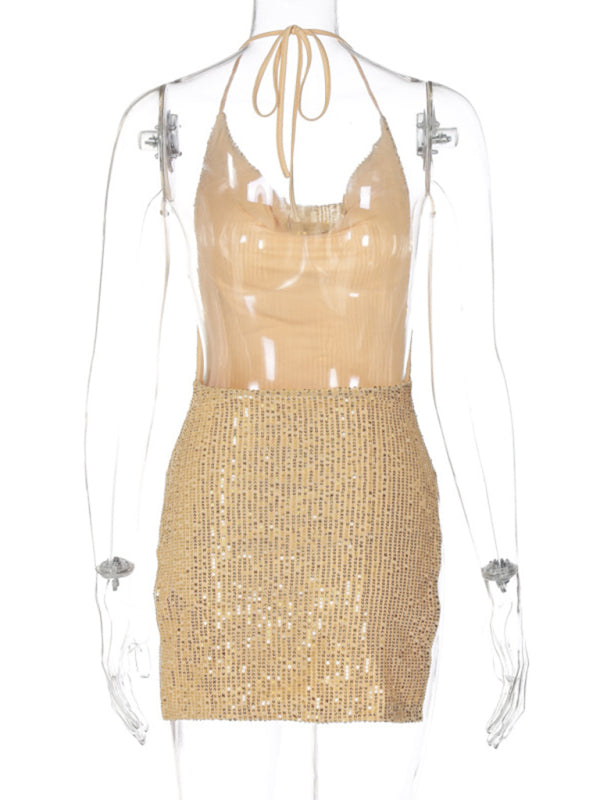 Party Dresses- Sequined Backless Cowl Halter Glitter Slit Mini Dress- - Pekosa Women Clothing