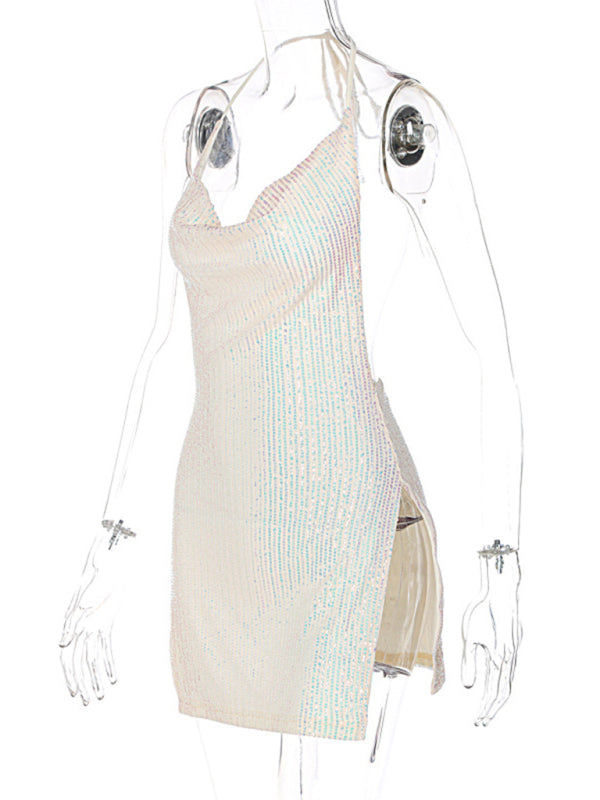 Party Dresses- Sequined Backless Cowl Halter Glitter Slit Mini Dress- - Pekosa Women Clothing