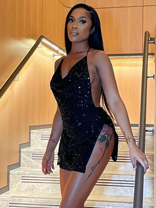 Party Dresses- Sequined Backless Cowl Halter Glitter Slit Mini Dress- - Pekosa Women Clothing