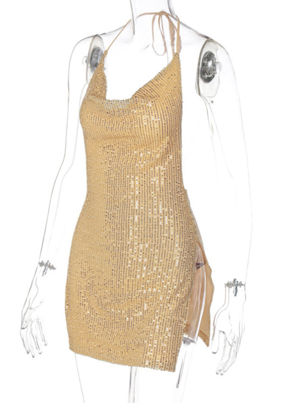 Party Dresses- Sequined Backless Cowl Halter Glitter Slit Mini Dress- - Pekosa Women Clothing