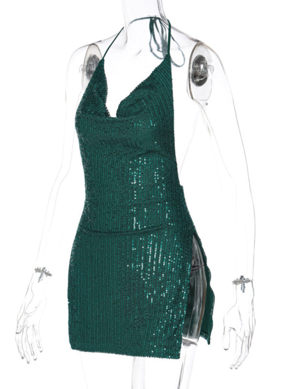 Party Dresses- Sequined Backless Cowl Halter Glitter Slit Mini Dress- - Pekosa Women Clothing