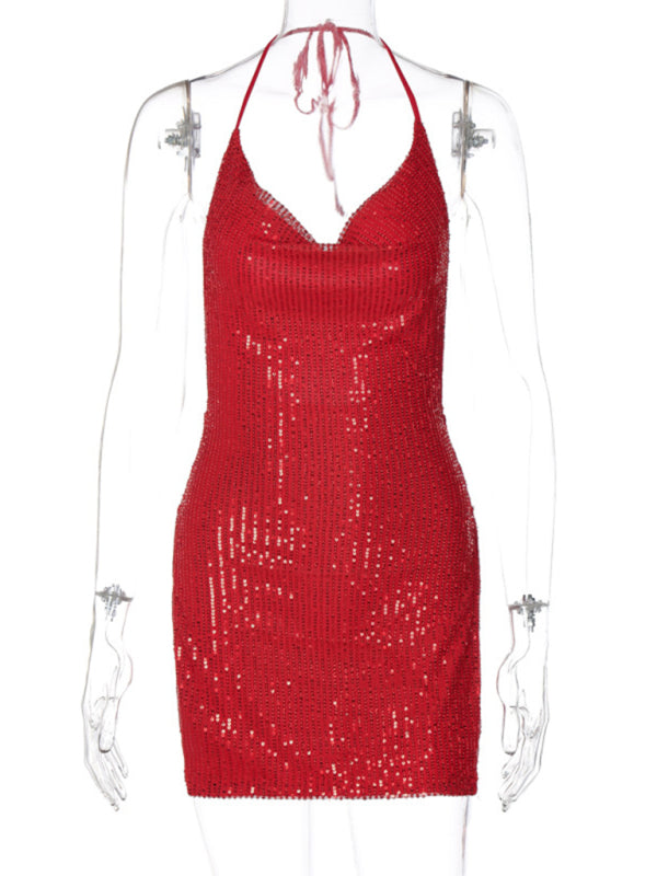 Party Dresses- Sequined Backless Cowl Halter Glitter Slit Mini Dress- - Pekosa Women Clothing