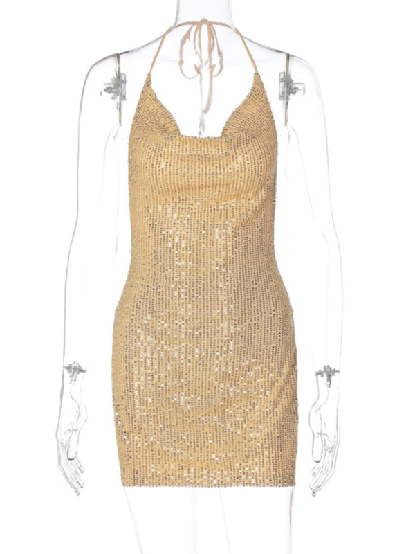 Party Dresses- Sequined Backless Cowl Halter Glitter Slit Mini Dress- - Pekosa Women Clothing