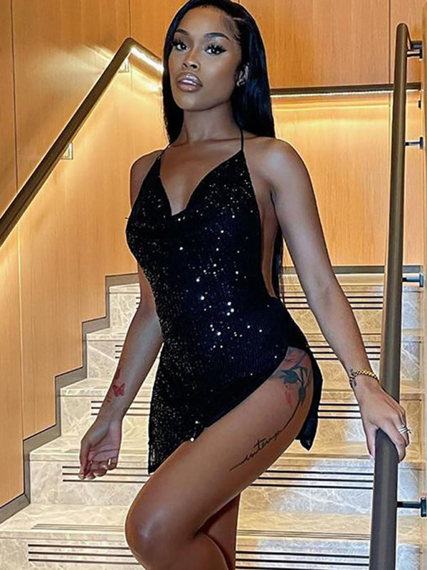 Party Dresses- Sequined Backless Cowl Halter Glitter Slit Mini Dress- Black- Pekosa Women Clothing