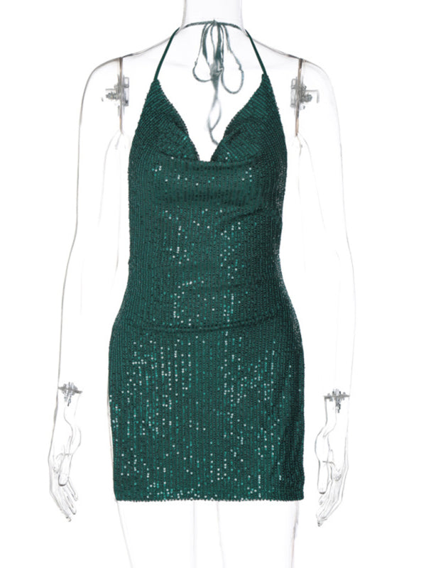 Party Dresses- Sequined Backless Cowl Halter Glitter Slit Mini Dress- - Pekosa Women Clothing