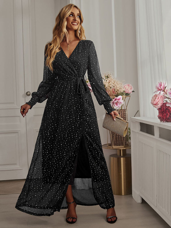 Party Dresses- Sparkle A-Line Surplice V-Neck Maxi Dress for Wedding Celebrations- - Pekosa Women Clothing