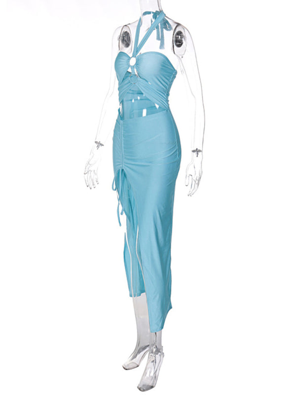 Party Dresses- Summer Party Halterneck Cutout Bodycon Slit Dress with Open Back- - Pekosa Women Fashion