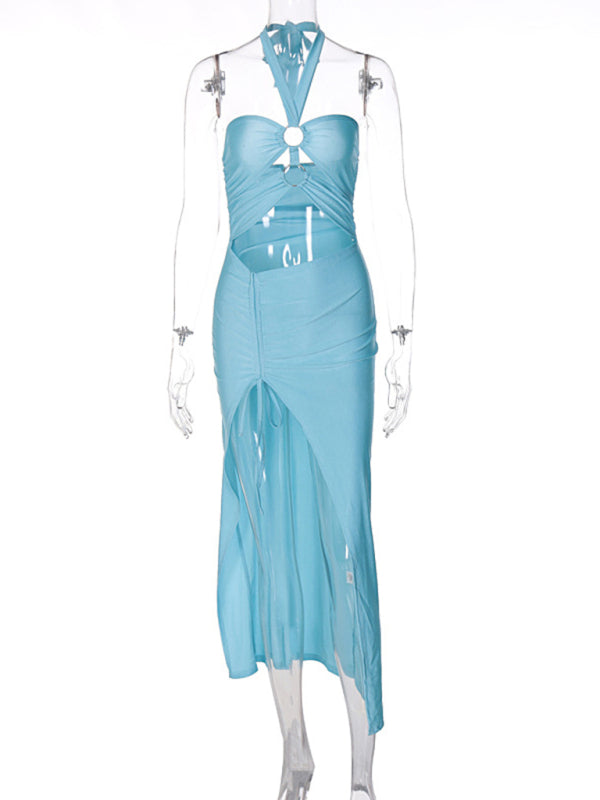 Party Dresses- Summer Party Halterneck Cutout Bodycon Slit Dress with Open Back- - Pekosa Women Fashion