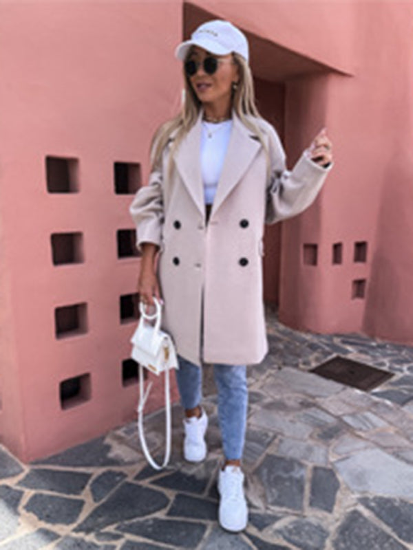 Peacoats- Solid Wool Blend Notch Peacoat for Every Outing- Cracker khaki- Pekosa Women Clothing