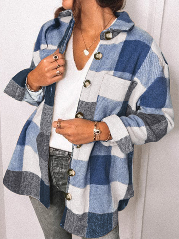 Plaid Jackets- Fall- Winter Plaid Jacket - Shirt Shacket- Blue- Pekosa Women Clothing
