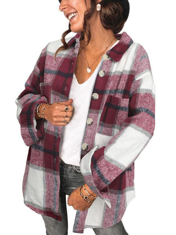 Plaid Jackets- Fall- Winter Plaid Jacket - Shirt Shacket- Wine Red- Pekosa Women Clothing