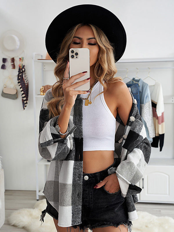 Plaid Jackets- Fall- Winter Plaid Jacket - Shirt Shacket- - Pekosa Women Clothing