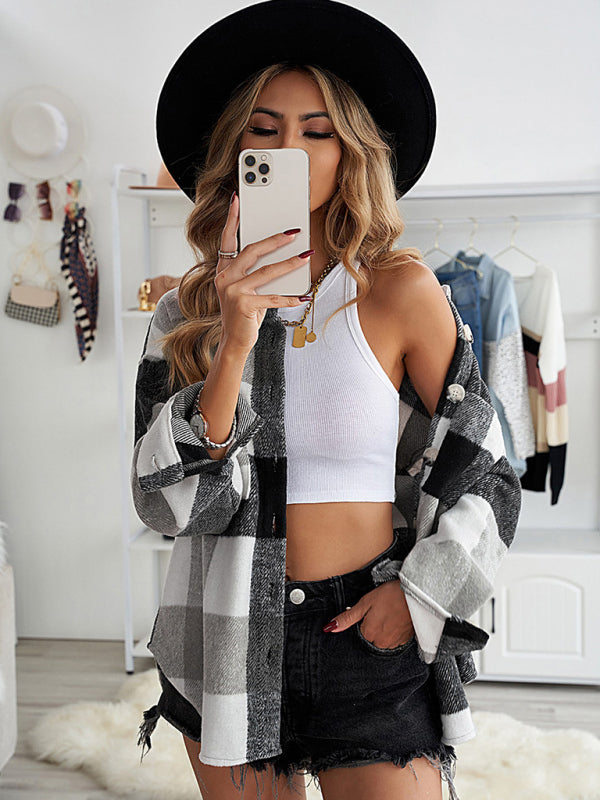Plaid Jackets- Fall- Winter Plaid Jacket - Shirt Shacket- - Pekosa Women Clothing