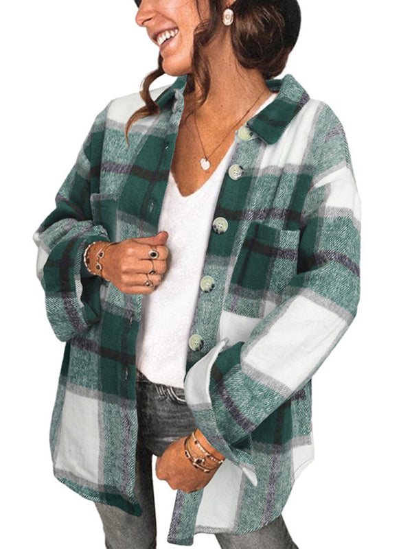 Plaid Jackets- Fall- Winter Plaid Jacket - Shirt Shacket- Green- Pekosa Women Clothing