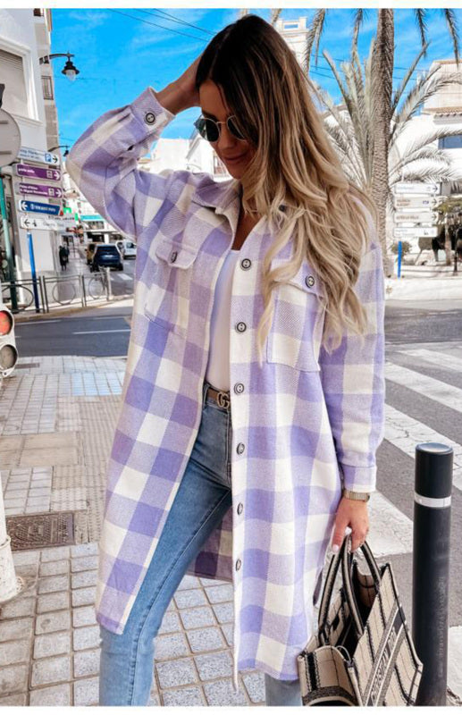 Plaid Jackets- Plaid Long Shirt Jacket- - Pekosa Women Clothing