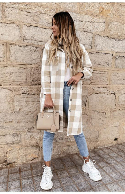 Plaid Jackets- Plaid Long Shirt Jacket- - Pekosa Women Clothing
