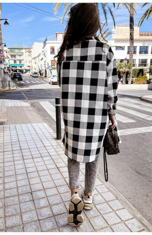 Plaid Jackets- Plaid Long Shirt Jacket- - Pekosa Women Clothing