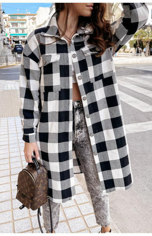 Plaid Jackets- Plaid Long Shirt Jacket- - Pekosa Women Clothing