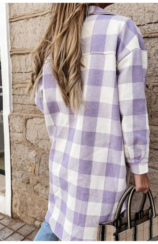 Plaid Jackets- Plaid Long Shirt Jacket- - Pekosa Women Clothing