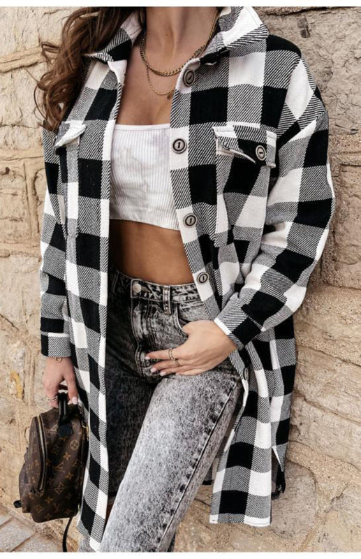 Plaid Jackets- Plaid Long Shirt Jacket- Black- Pekosa Women Clothing